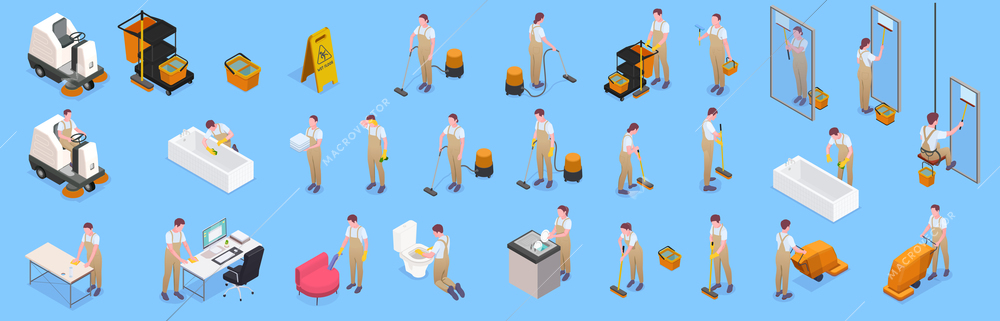 Isolated and isometric cleaning icon set with cleaner workers on job on blue background vector illustration