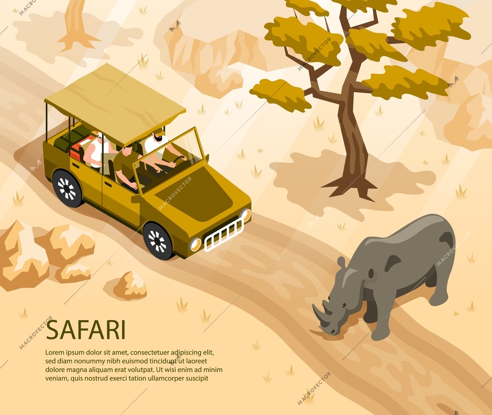 Safari car with tourists and rhino crossing road 3d isometric vector illustration