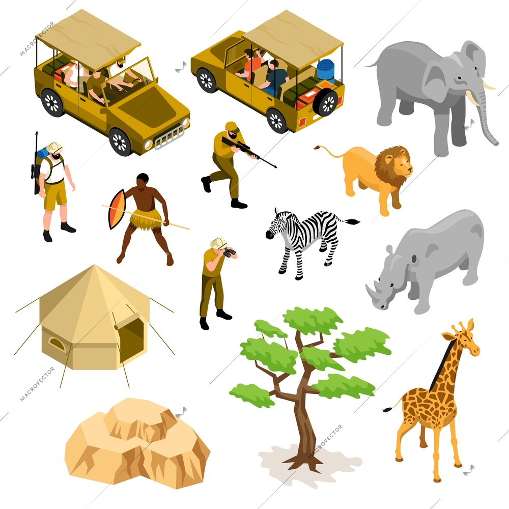 Isometric colored icons set with safari cars men with guns and camera tribal and wild animals isolated on white background 3d vector illustration