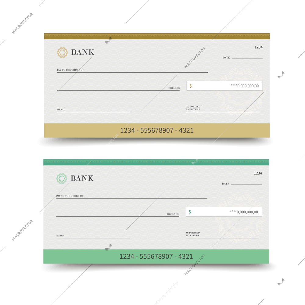 Realistic bank check set isolated on white background vector illustration