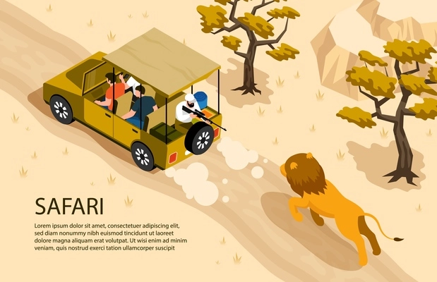 Lion running after safari car and man with gun 3d isometric horizontal vector illustration