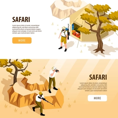 Safari isometric horizontal banners set with tourist tent and people with weapons watching animals 3d isolated vector illustration