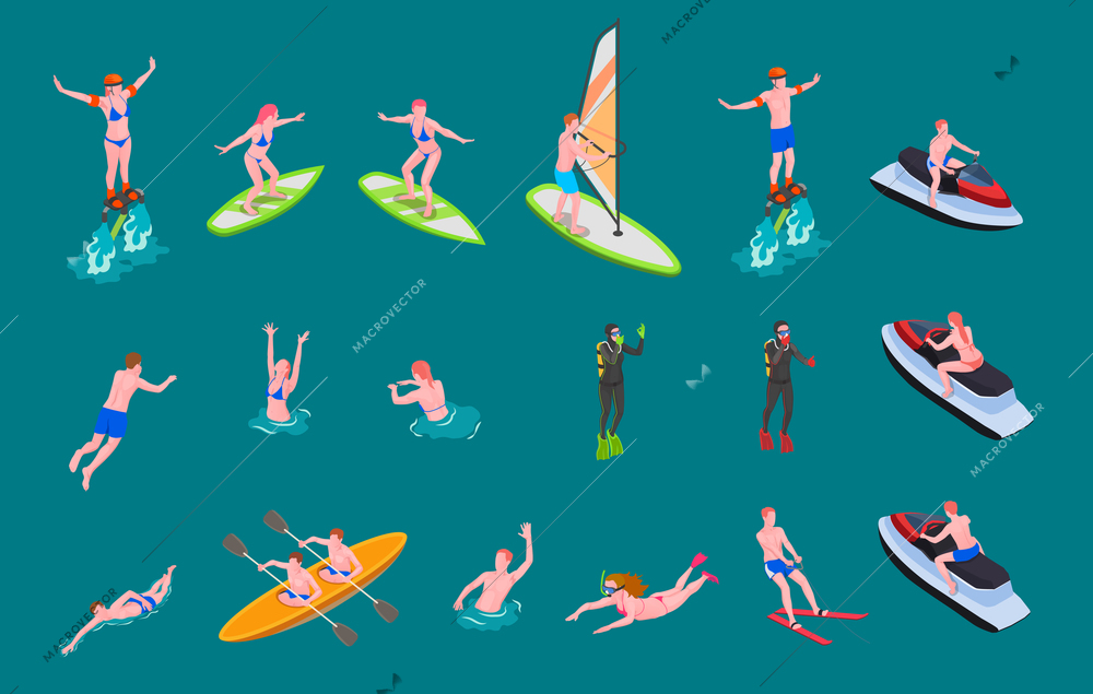 Isometric colored water sports icon set with people swim surf involved in scuba diving windsurfing and other vector illustration