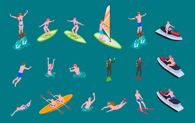 Isometric colored water sports icon set with people swim surf involved in scuba diving windsurfing and other vector illustration