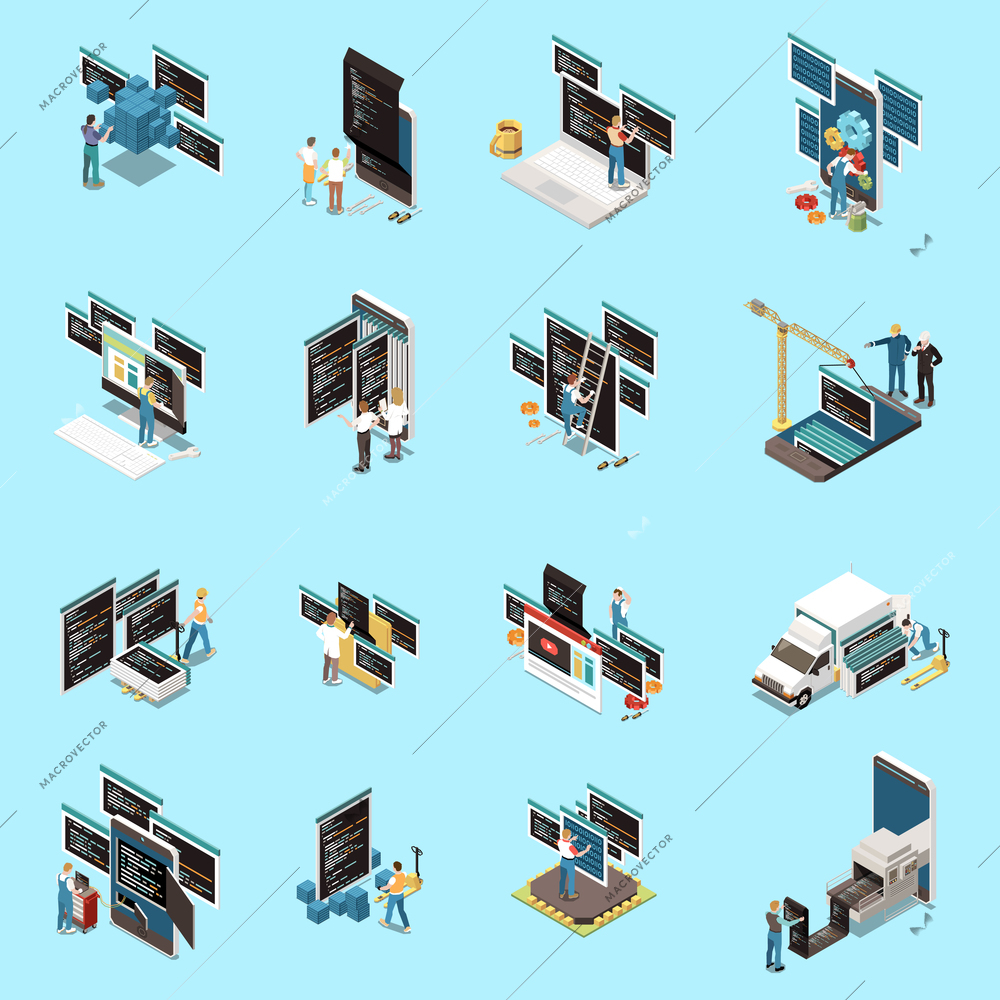 Programming development icons set with technology symbols isometric isolated vector illustration