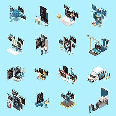 Programming development icons set with technology symbols isometric isolated vector illustration