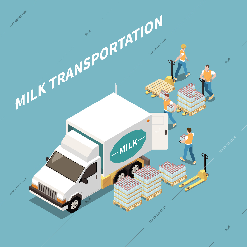 Milk transportation and logistics concept with milk products symbols isometric vector illustration