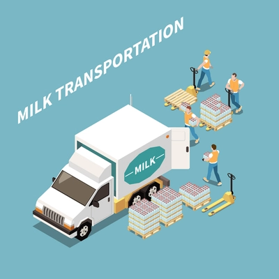 Milk transportation and logistics concept with milk products symbols isometric vector illustration