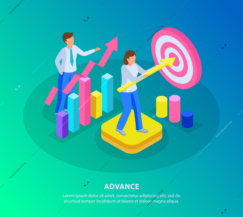 Run to goal isometric background with editable text and infographic icons colourful symbols with human characters vector illustration