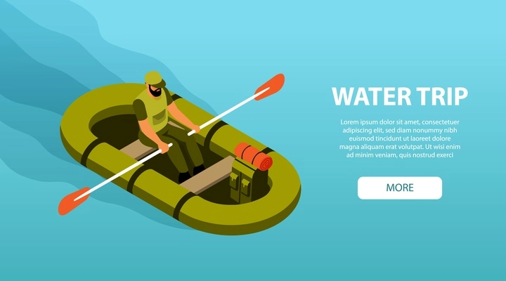 Camping water trip horizontal isometric banner with hiker rowing boat 3d vector illustration