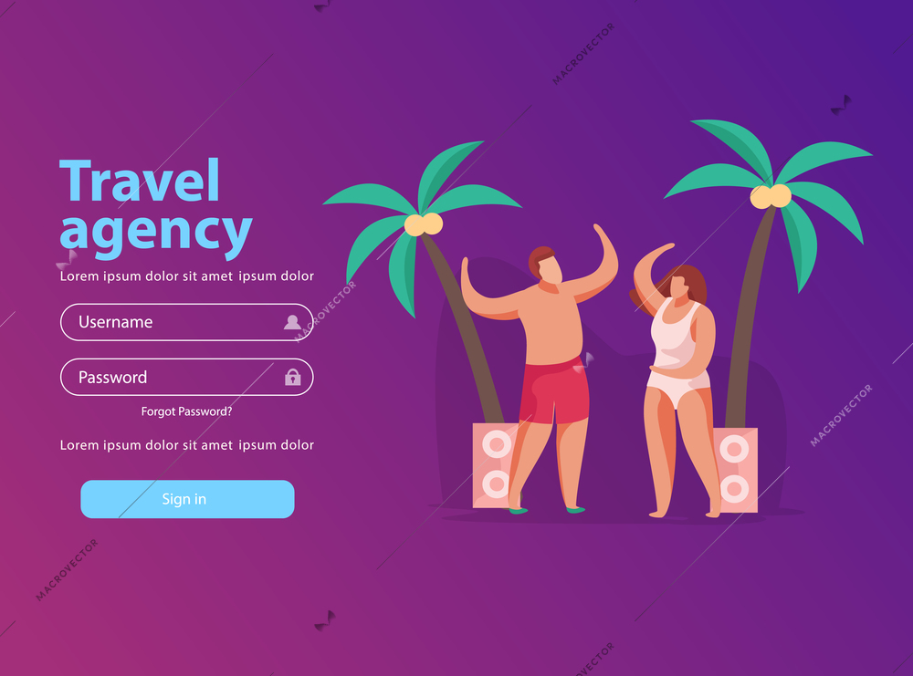 Summer party concept background website sign in page with buttons and tourist characters at seasonal vacation vector illustration