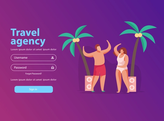 Summer party concept background website sign in page with buttons and tourist characters at seasonal vacation vector illustration