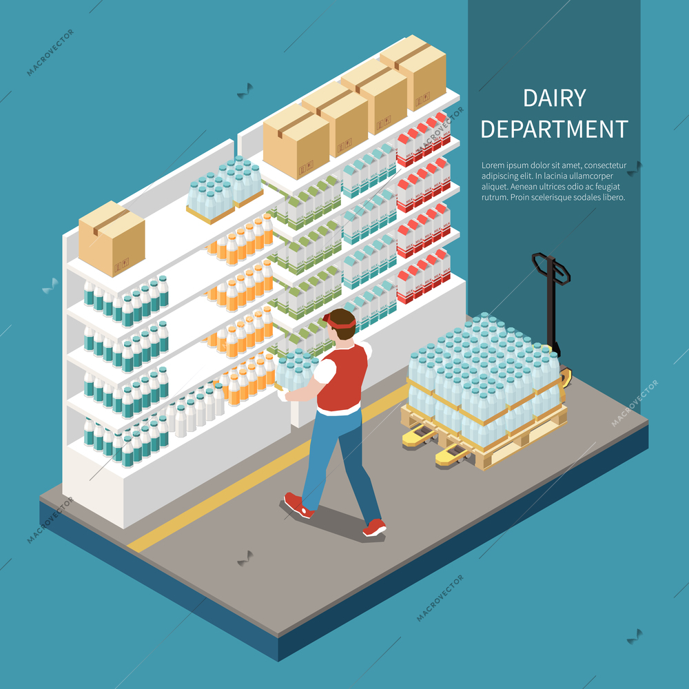 Dairy department concept with milk products in shop symbols isometric vector illustration