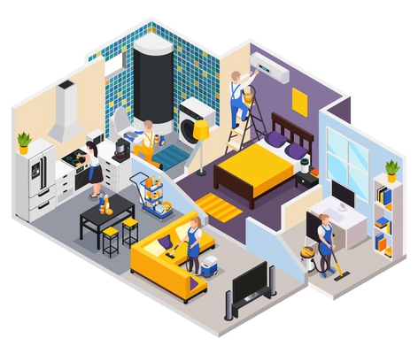 Professional cleaning service isometric composition with profile view of private apartment rooms with workers in uniform vector illustration