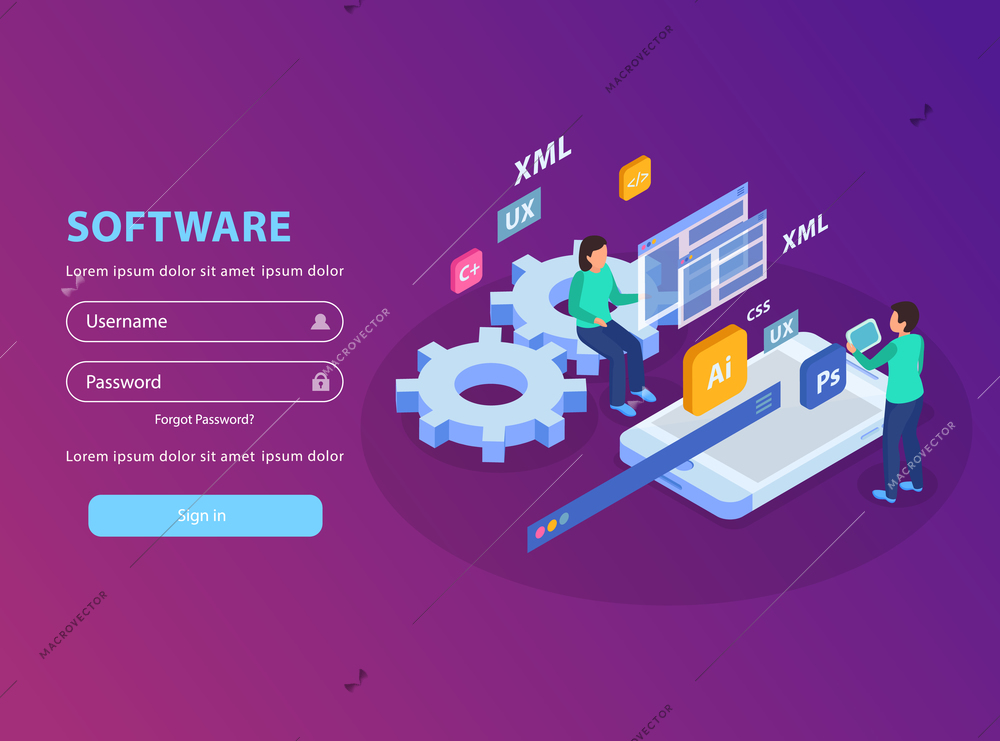 Web development isometric concept background login page design with sign in fields icons and conceptual images vector illustration