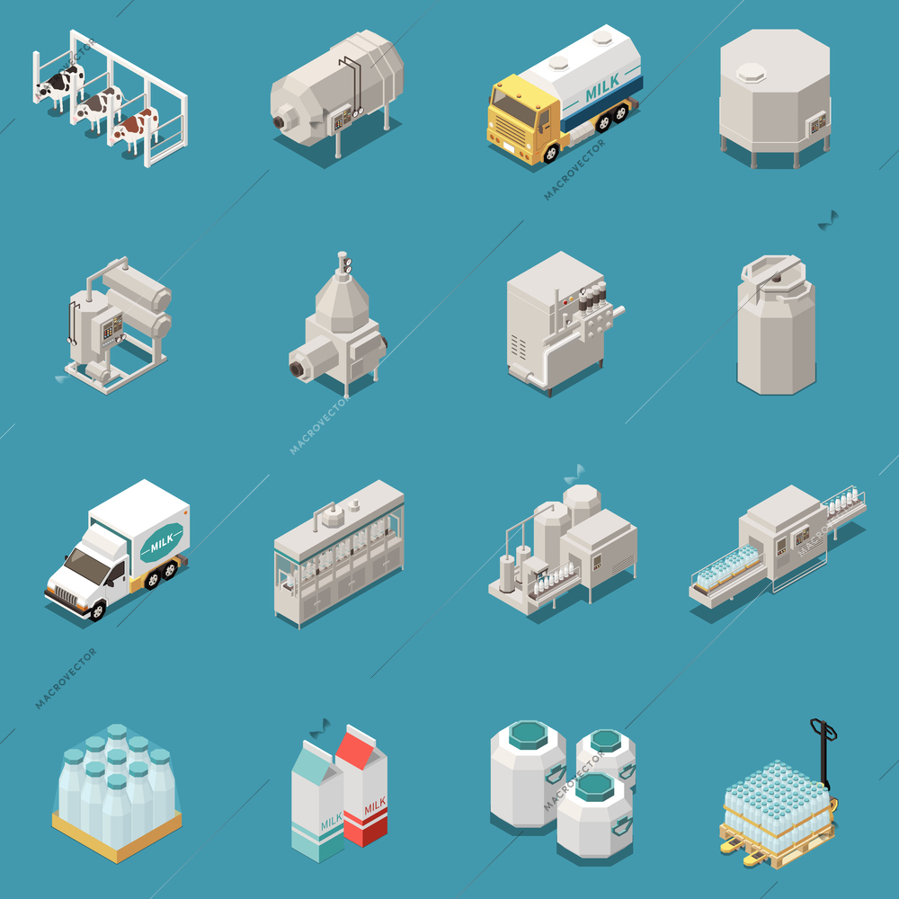 Milk production icons set with dairy products symbols isometric isolated vector illustration