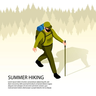 Man with backpack and stick doing hiking and camping 3d isometric illustration