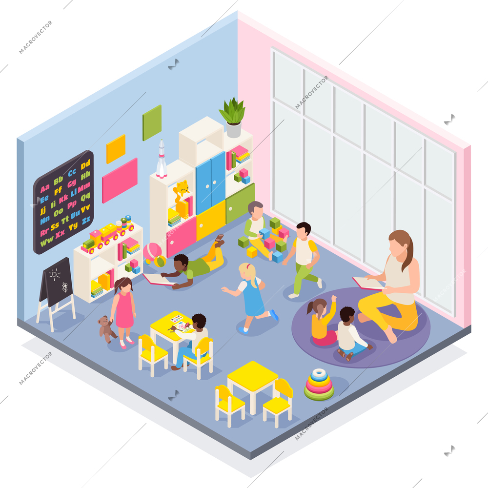 Kindergarten isometric composition with indoor view of room with playing kids and nursery teacher human characters vector illustration