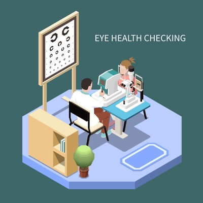 Woman checking eye health in ophthalmology office isometric composition 3d vector illustration