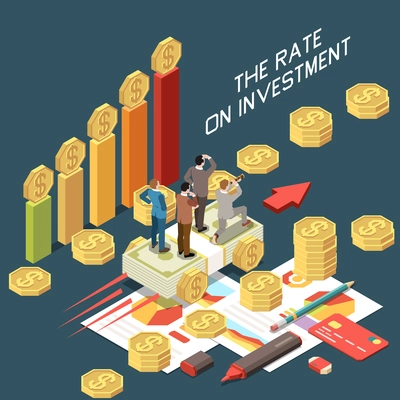 Online trading and investment growth isometric concept with credit card coins and people 3d vector illustration