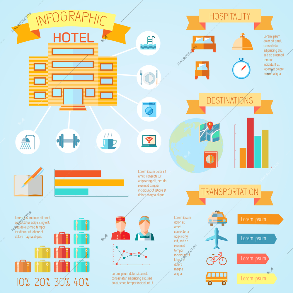 Hotel color travel tourism holiday infographics with bar charts  and ribbons