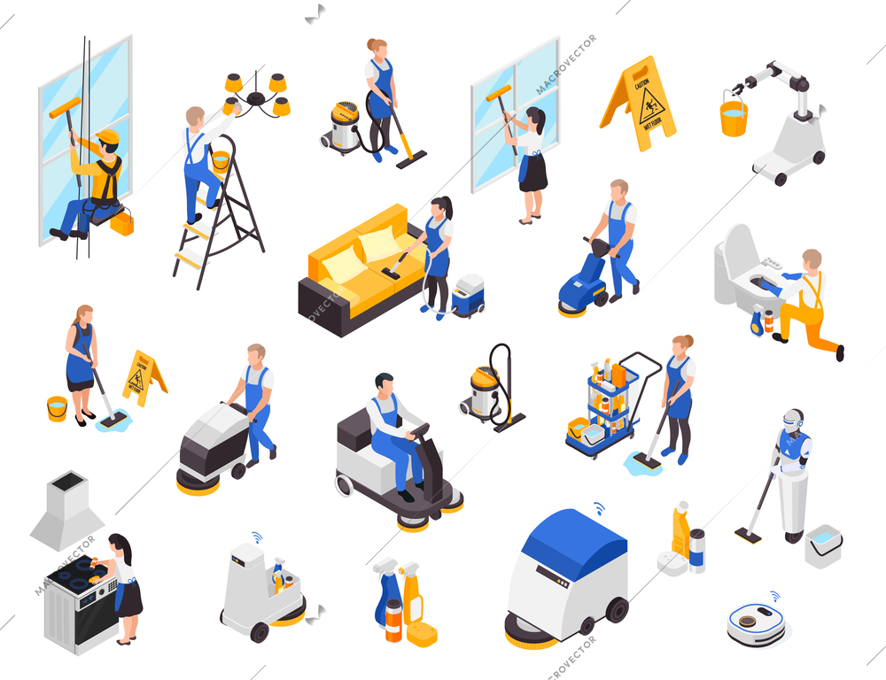 Professional cleaning service isometric set with isolated images of workers with janitorial supplies and furniture items vector illustration