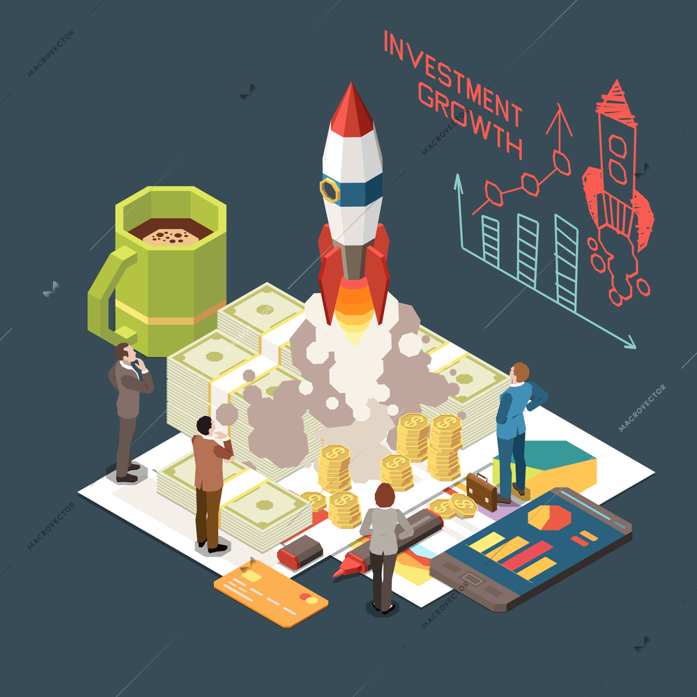 Investment growth isometric concept with rocket smartphone credit card and people 3d vector illustration