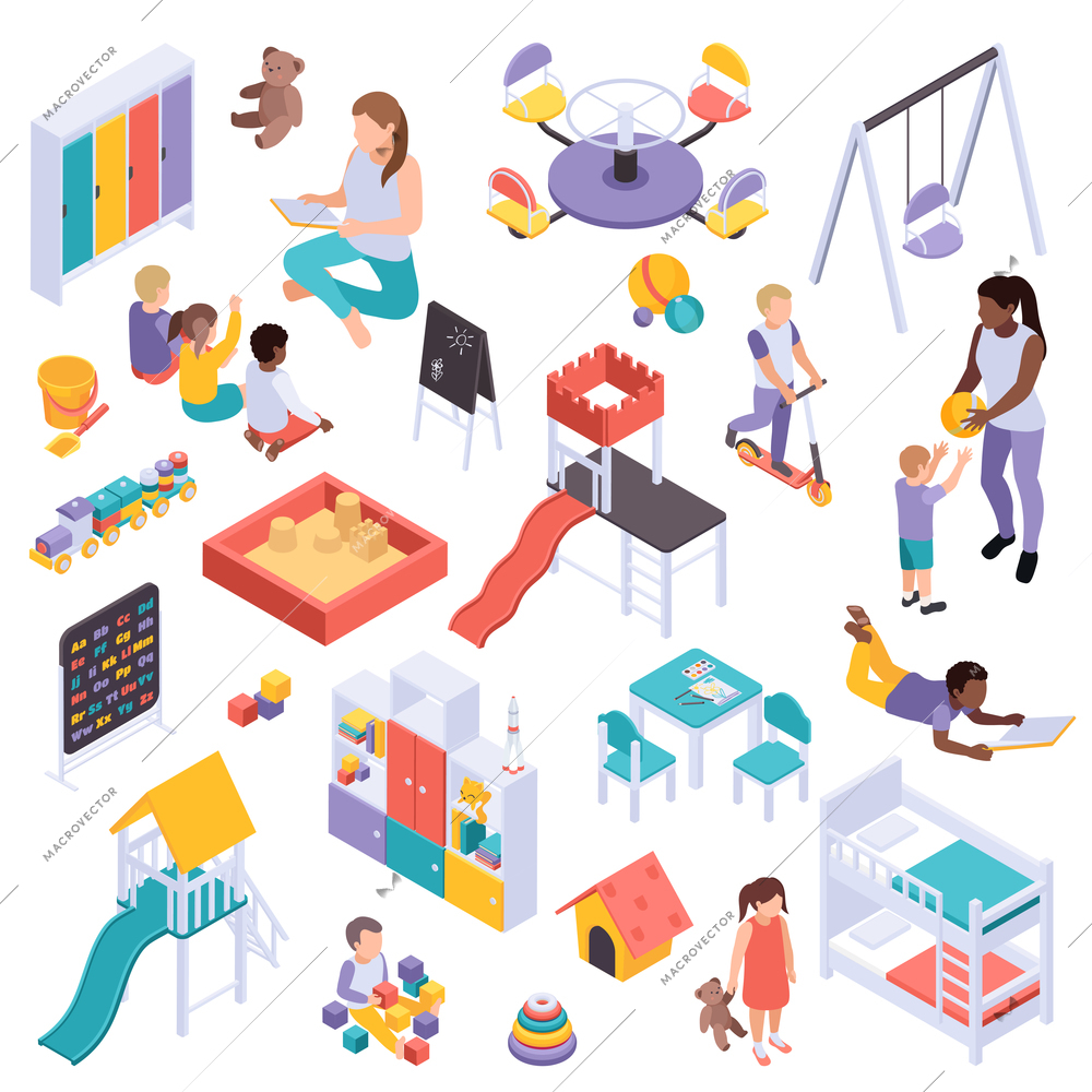 Kindergarten isometric set with isolated images of play equipment toys and human characters on blank background vector illustration