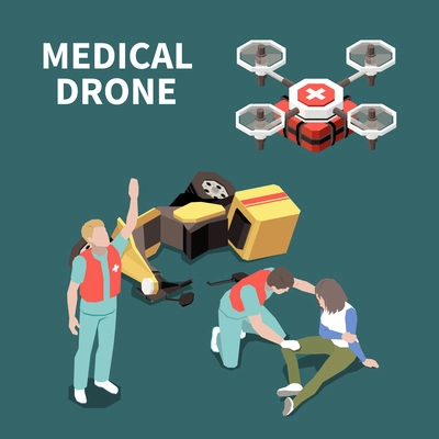 First aid isometric composition with injured woman medical drone and doctors 3d, vector illustration