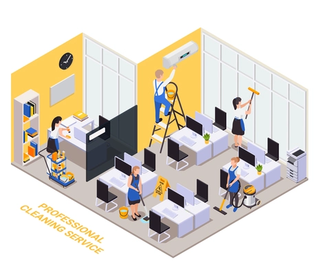 Professional cleaning service isometric composition with text and indoor office scenery workplaces computers and workers group vector illustration