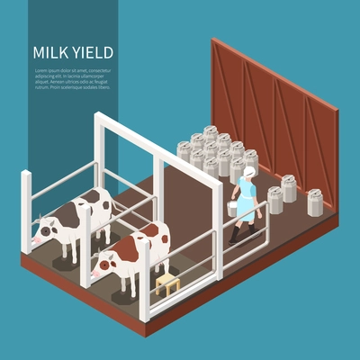 Milk production concept with milk yield symbols isometric vector illustration