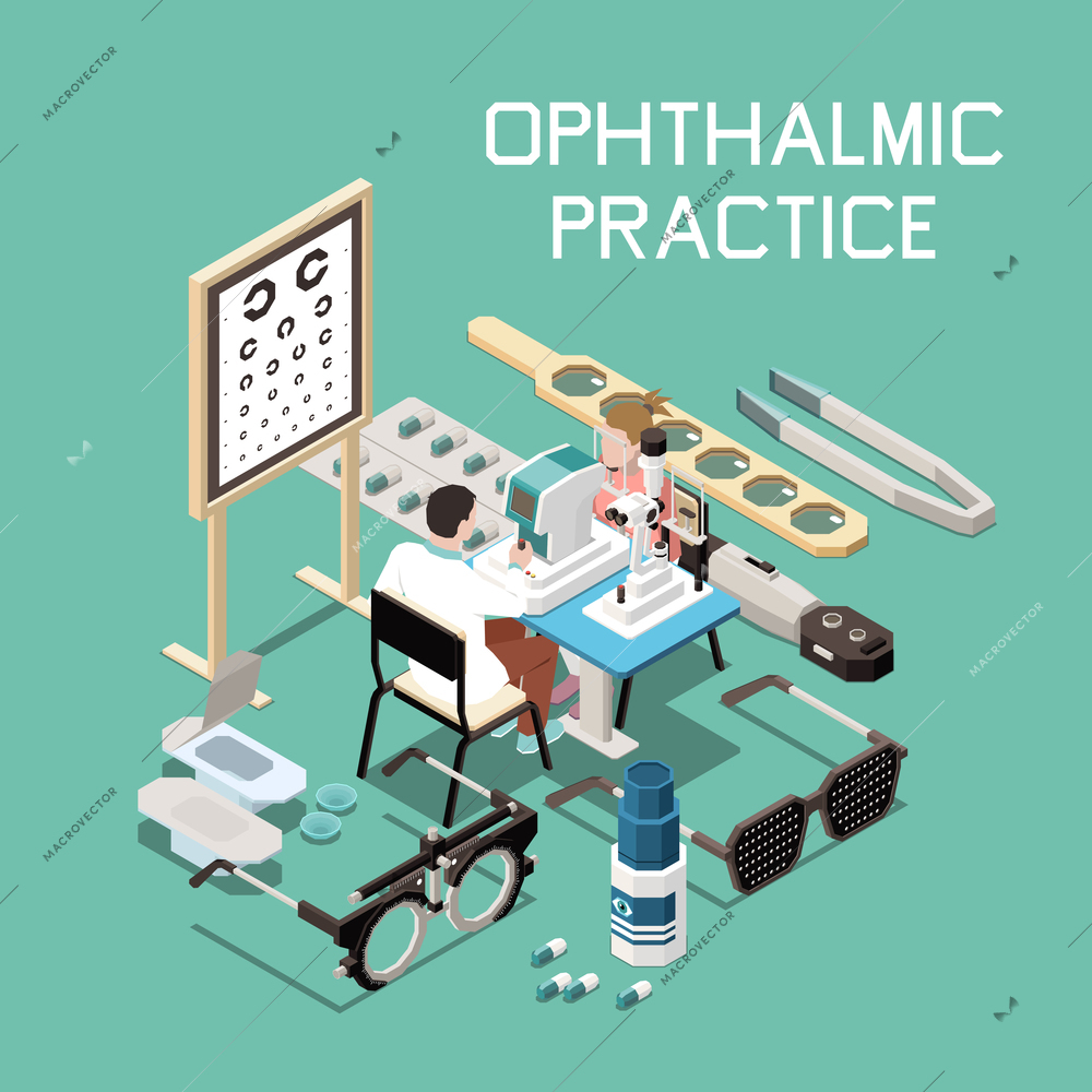 Ophthalmology isometric composition with different instruments and doctor at work 3d vector illustration