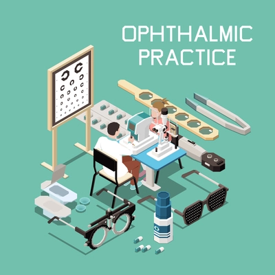 Ophthalmology isometric composition with different instruments and doctor at work 3d vector illustration