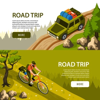 Camping horizontal banners set with man riding bicycle and tourist car on road in forest 3d isometric isolated vector illustration