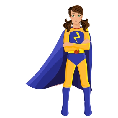 Girl kid in yellow superhero costume full length portrait isolated on white background vector illustration