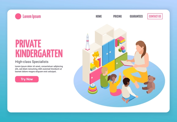 Kindergarten isometric web site landing page design with clickable links editable text and buttons with images vector illustration