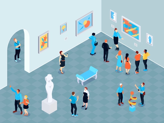 Isometric guide excursion art museum composition with indoor view of art gallery with paintings and sculptures vector illustration