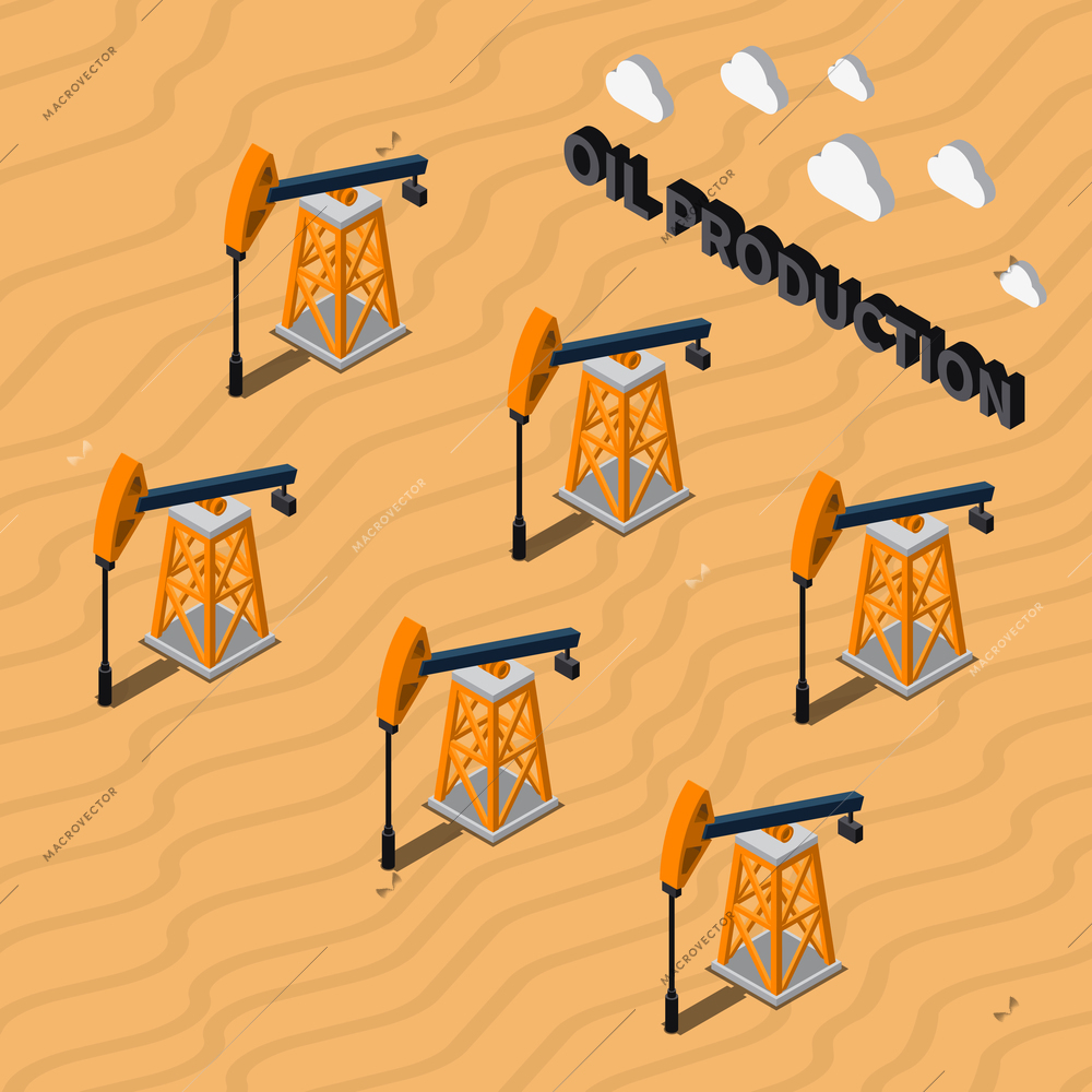 Oil production isometric composition with six rigs in desert 3d vector illustration