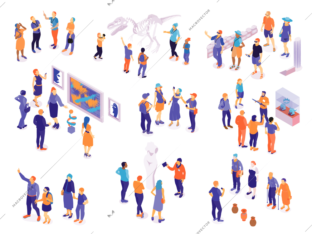 Set with isolated isometric guide excursion visitor characters with groups of human characters on blank background vector illustration