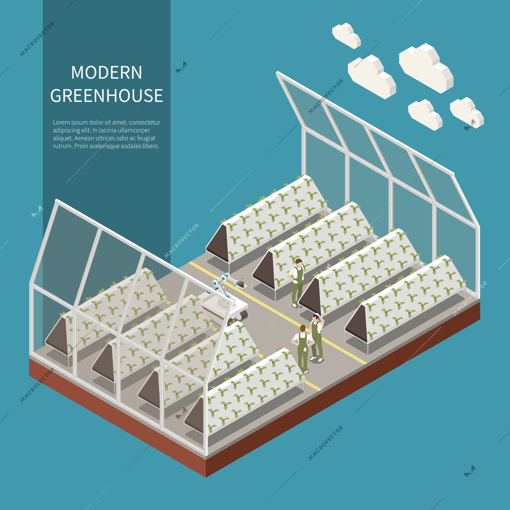 Modern greenhouse complex isometric concept with hydroponics and aeroponics symbols vector illustration