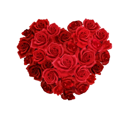 Heart shaped bunch of red roses realistic composition on white background vector illustration