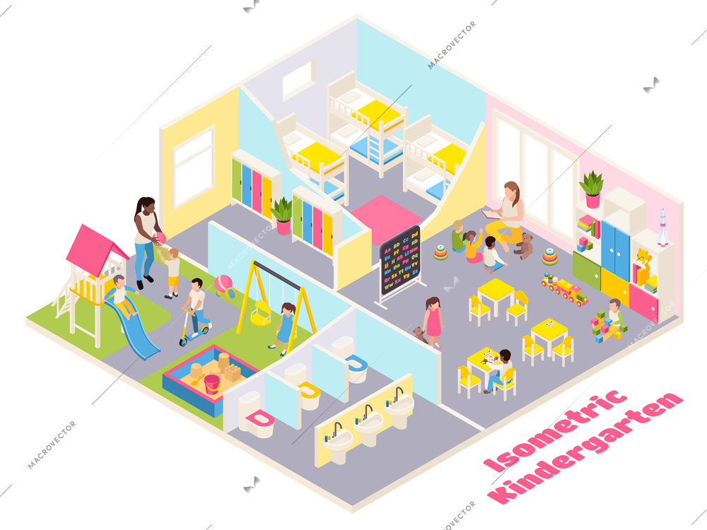 Kindergarten isometric composition with text and indoor view of different rooms with furniture toys and kids vector illustration