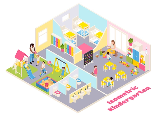 Kindergarten isometric composition with text and indoor view of different rooms with furniture toys and kids vector illustration