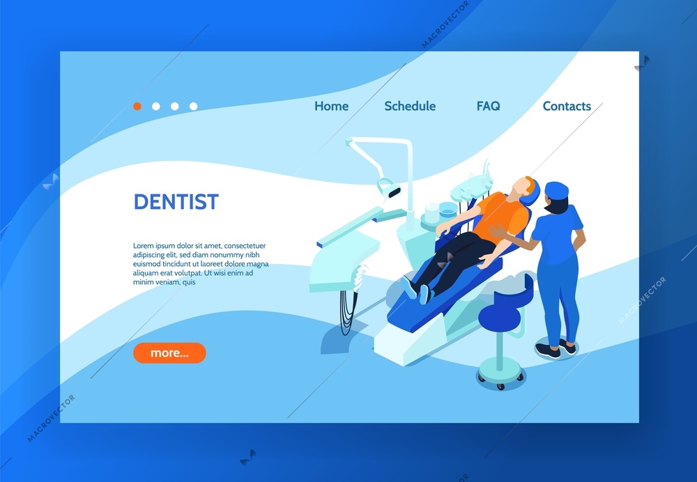 Dentist isometric landing page with illustration of patient is dental chair and stomatologist performing treatment vector illustration