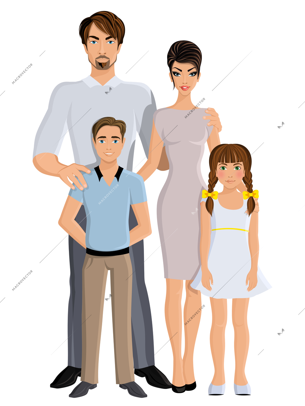 Happy family father mother daughter and son full length portrait vector illustration