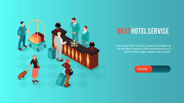 Isometric hotel horizontal banner with images of vintage reception desk with human characters text and button vector illustration