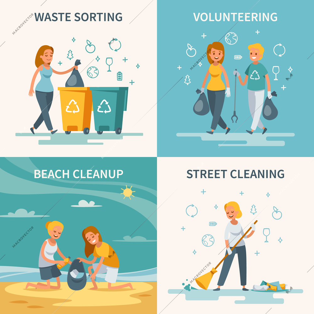 Garbage collection concept 4 flat compositions square with waste sorting streets and beaches cleaning volunteers vector illustration