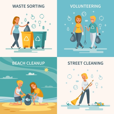 Garbage collection concept 4 flat compositions square with waste sorting streets and beaches cleaning volunteers vector illustration