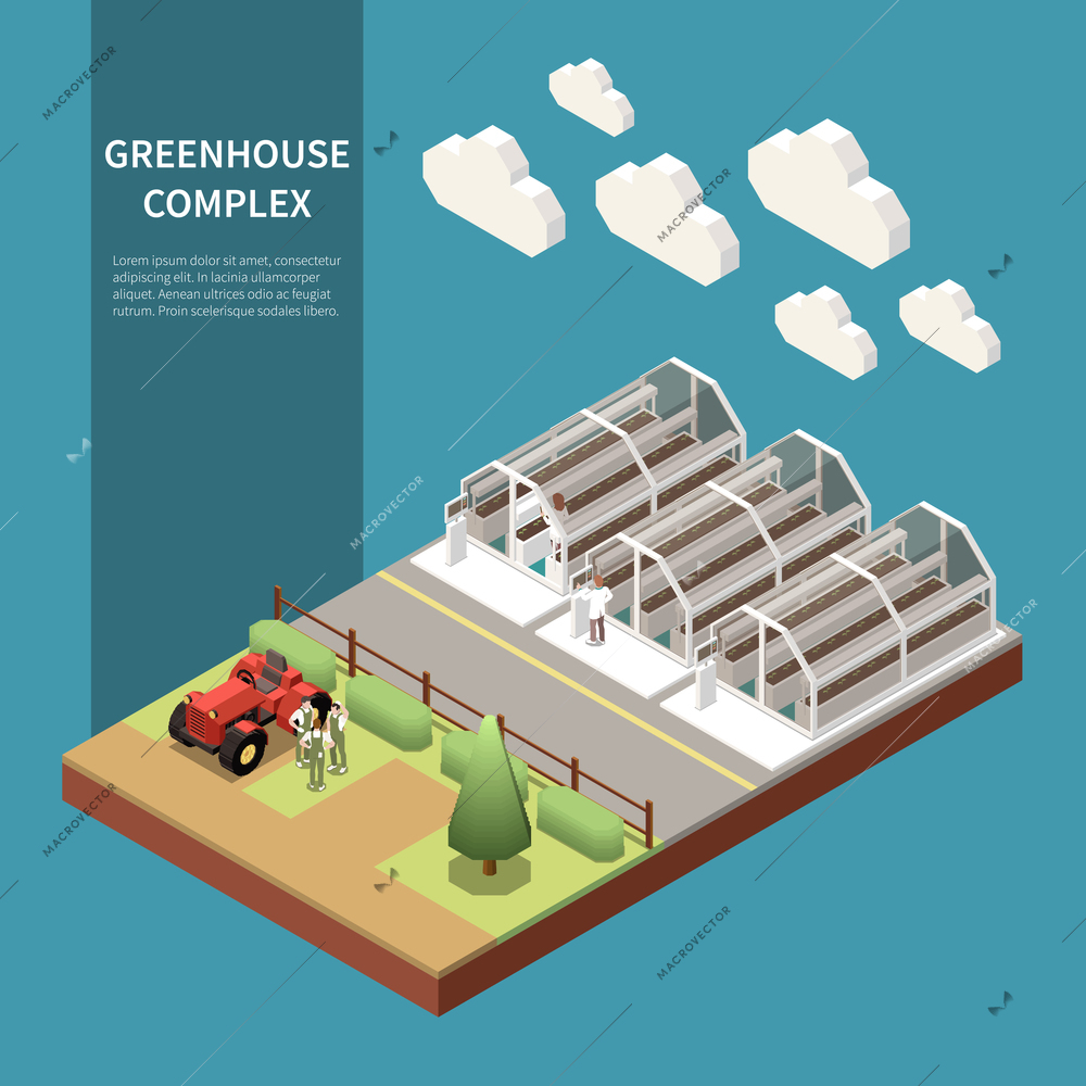 Modern greenhouse complex isometric concept with new technology symbols isolated vector illustration