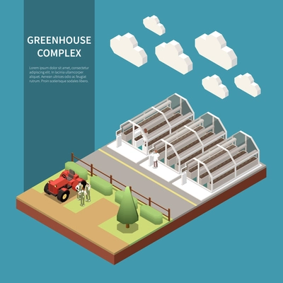 Modern greenhouse complex isometric concept with new technology symbols isolated vector illustration